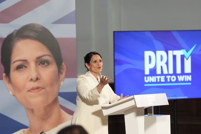 Dame Priti Patel speaking at a Conservative Party leadership campaign event at the Lindley Hall in London.