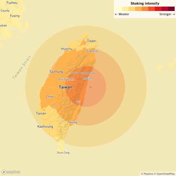 A magnitude 7.5 earthquake was reported Tuesday afternoon at 4:58 p.m. Pacific time 13 miles from Hualien City, Taiwan.