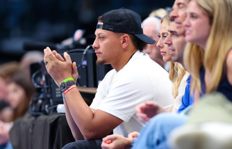 May 11, 2024; Dallas, Texas, USA; Kansas City Chiefs quarterback Patrick Mahomes II looks on during the first half of the game between the Dallas Mavericks and Oklahoma City Thunder during game three of the second round for the 2024 NBA playoffs at American Airlines Center. Mandatory Credit: Kevin Jairaj-USA TODAY Sports ORG XMIT: IMAGN-879540 ORIG FILE ID: 20240511_krj_aj6_00162.JPG