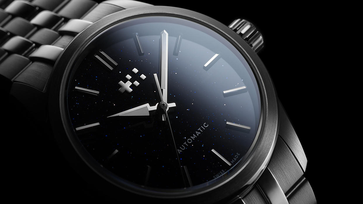  The Christopher Ward C63 Celest on a black background. 