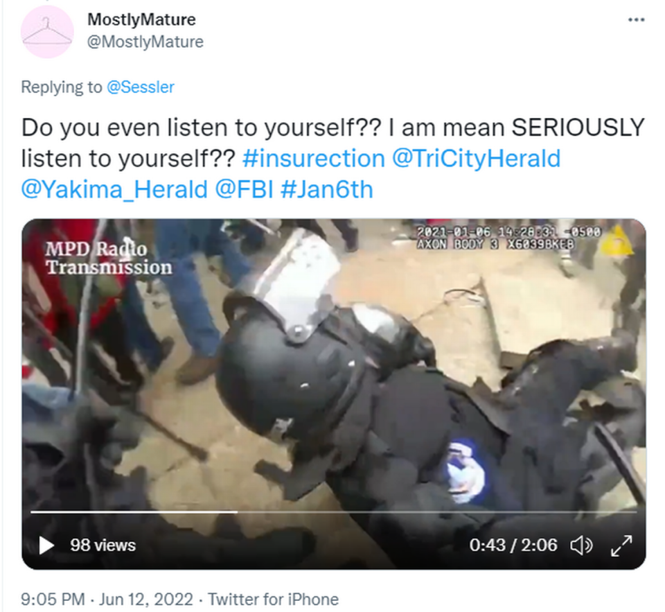 A satiric video posted to Twitter uses video of the insurrection with comments from Jerrod Sessler, candidate for Congress, that people at the Capitol Jan. 6 were good and kind.