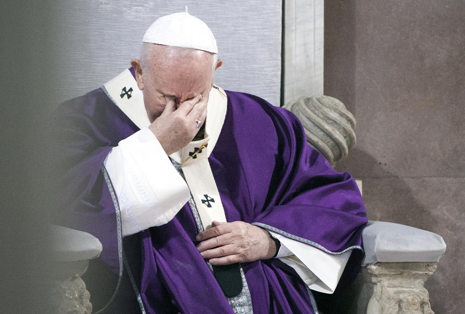 VATICAN CITY, VATICAN - FEBRUARY 26: Pope Francis leads the Ash Wednesday mass which opens Lent, the forty-day period of abstinence and deprivation for Christians before Holy Week and Easter, on February 26, 2020 in Vatican City, Vatican. (Photo by Vatican Pool - Corbis/Corbis via Getty Images)