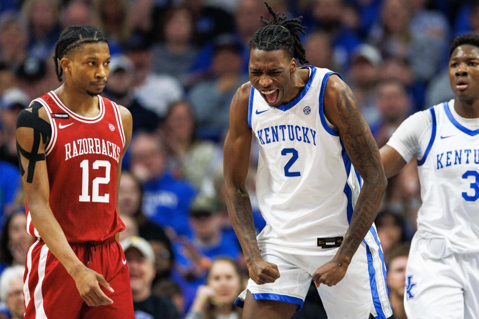 March 2, 2024;  Lexington, Kentucky, USA;  Kentucky Wildcats forward Aaron Bradshaw (2) celebrates after scoring a basket during the first half against the Arkansas Razorbacks at Rupp Arena at Central Bank Center.  Mandatory Credit: Jordan Prather-USA TODAY Sports