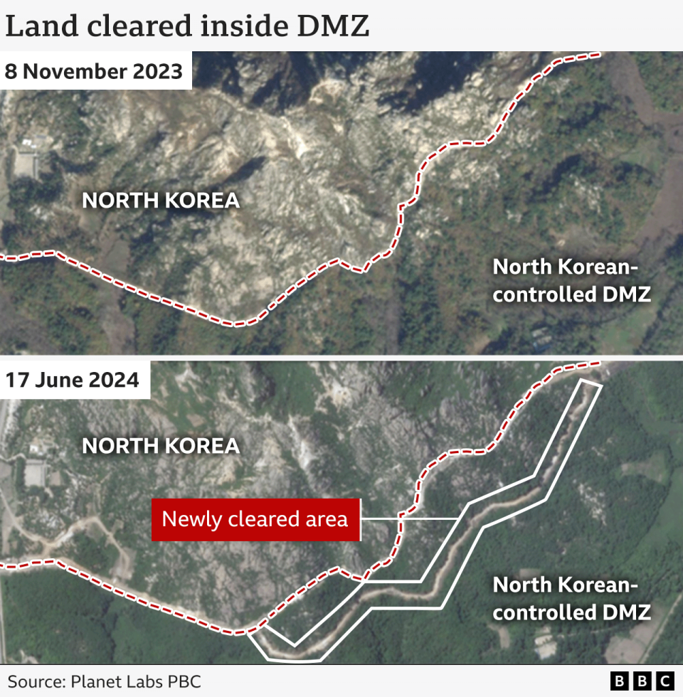 Two satellite images showing the clearing of land near the North Korean border
