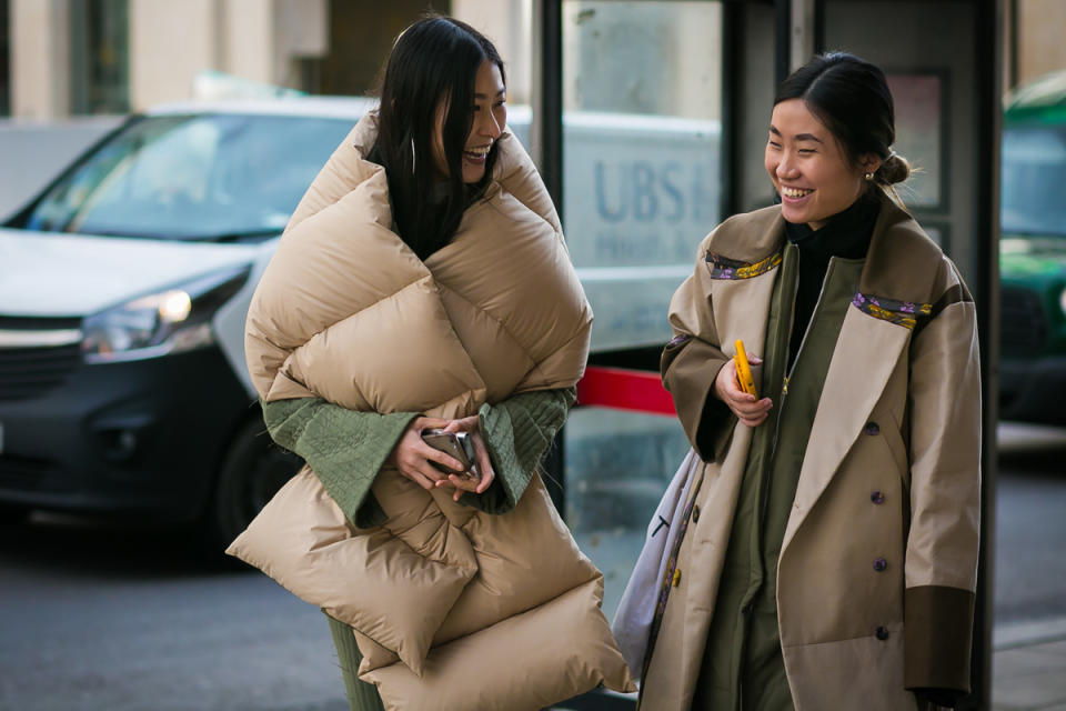 Friends attend Eudon Choi in matching beige — and that puffy blanket scarf we saw all over NYFW.