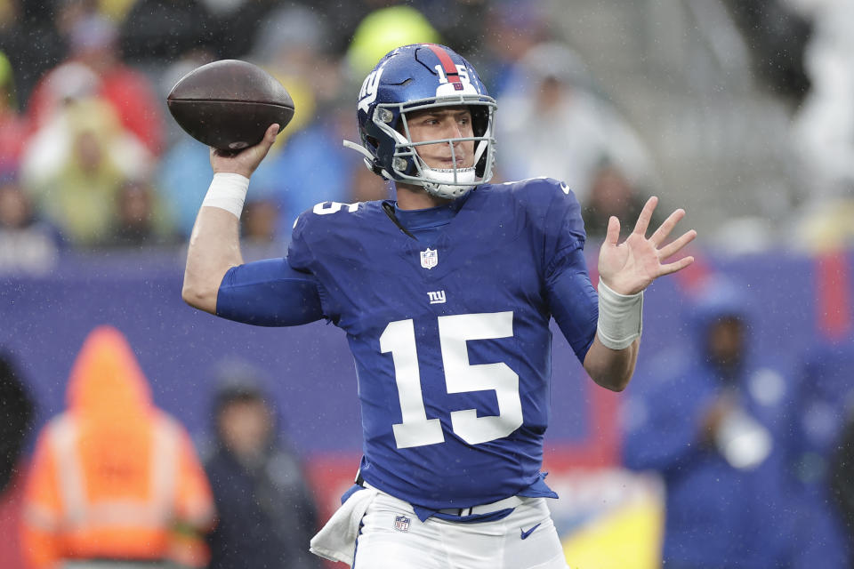 New York Giants quarterback Tommy DeVito (15) passes the ball during the first half of an NFL football game against the New York Jets, Sunday, Oct. 29, 2023, in East Rutherford, N.J. (AP Photo/Adam Hunger)