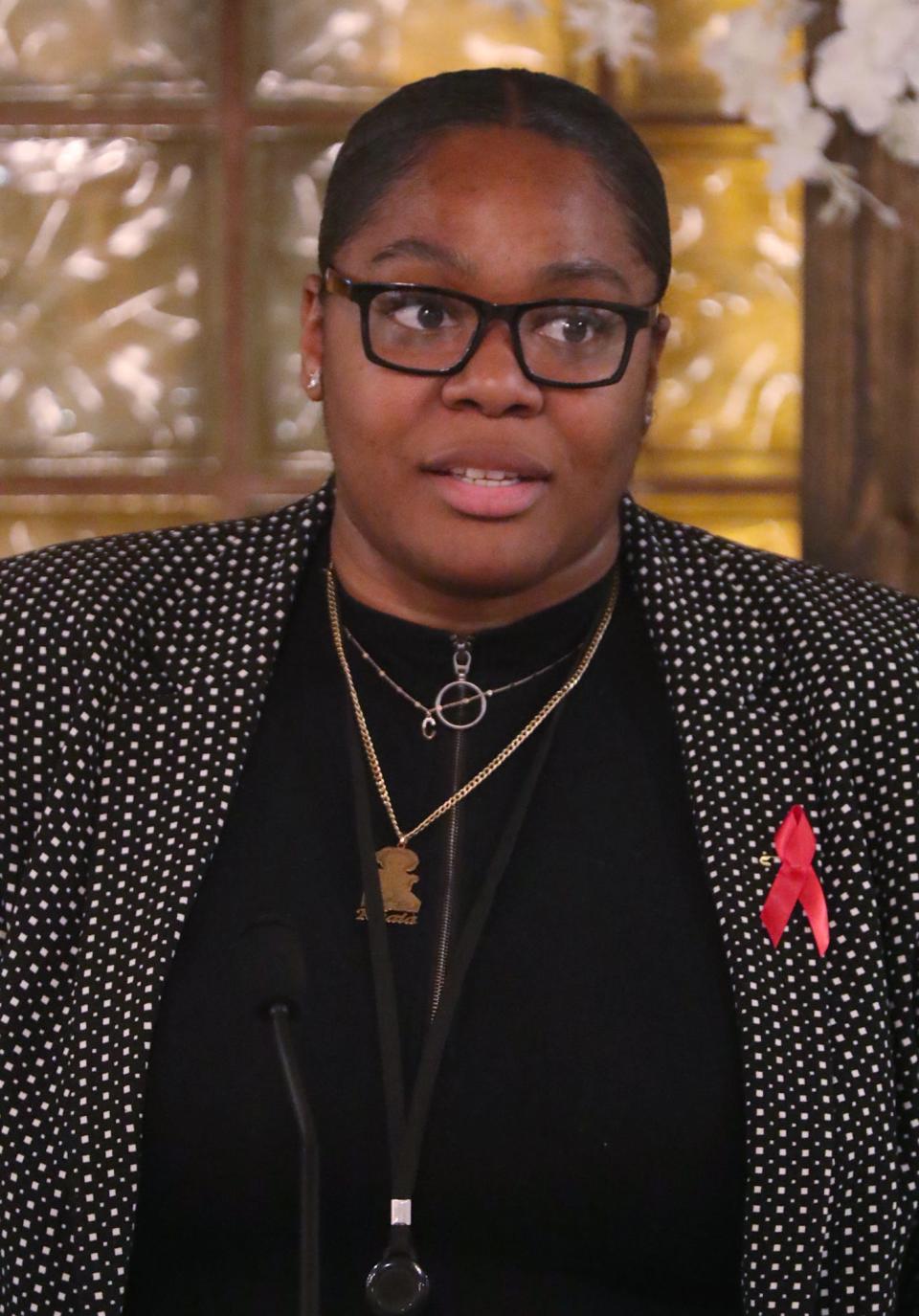 Cari Guyton, Buchtel Girls Basketball Coach, speaks at the Akron Public Schools City Series Basketball Media Day at Guy's Party Center in Akron on Tuesday.