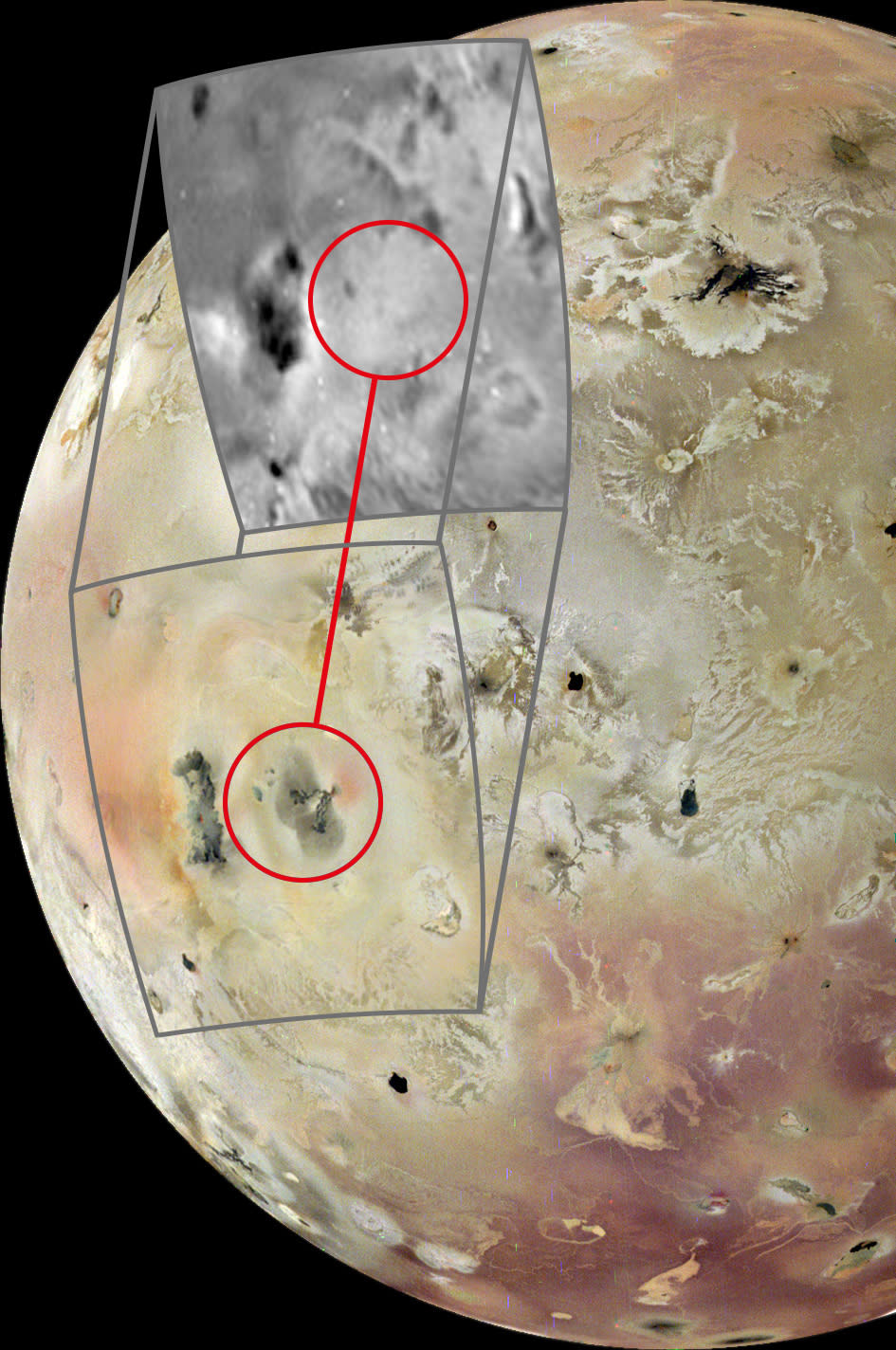 a yellow-grey cratered moon, with a dark splotch indicating where recent volcanic activity occurred