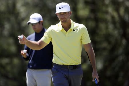 Apr 23, 2017; San Antonio, TX, USA; Kevin Chappell reacts after saving par on the sixth green during the final round of the Valero Texas Open golf tournament at TPC San Antonio - AT&T Oaks Course. Mandatory Credit: Soobum Im-USA TODAY Sports