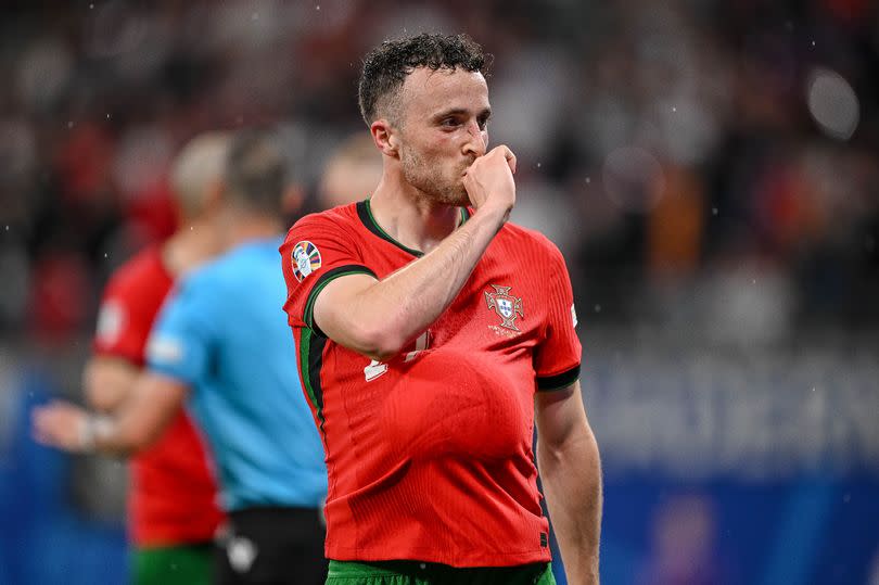 Diogo Jota of Portugal gestures during the UEFA EURO 2024 group stage match between Portugal and Czechia at Football Stadium Leipzig on June 18, 2024 in Leipzig, Germany.