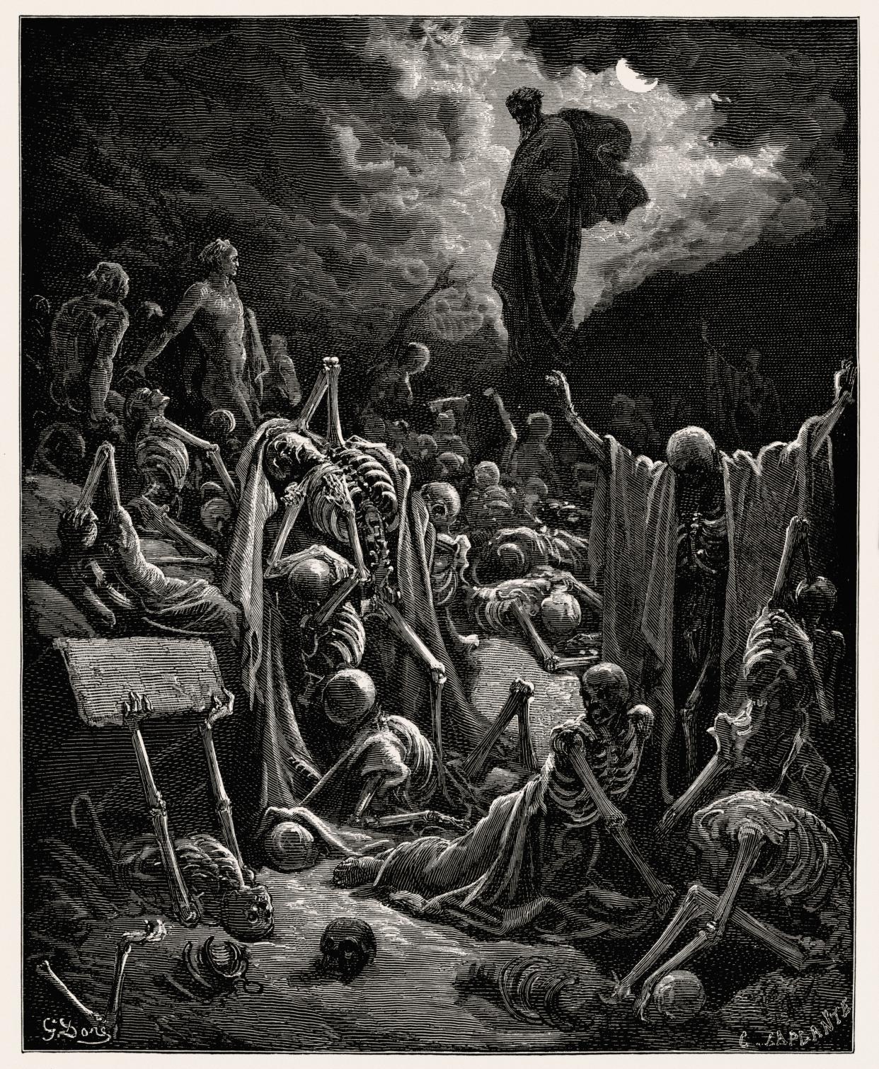 Engraving of “The Vision of The Valley of The Dry Bones,” from the book of Ezekiel, by Gustave Doré (1832-1883).