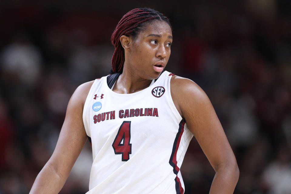 GREENVILLE, SOUTH CAROLINA - MARCH 27: Aliyah Boston #4 of the South Carolina Gamecocks looks on against the Maryland Terrapins during the second quarter of the game in the Elite Eight round of the NCAA Women's Basketball Tournament at Bon Secours Wellness Arena on March 27, 2023 in Greenville, South Carolina. (Photo by Maddie Meyer/Getty Images)