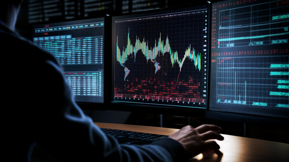 A close-up view of a computer screen filled with data and a single figure pointing to a graph.