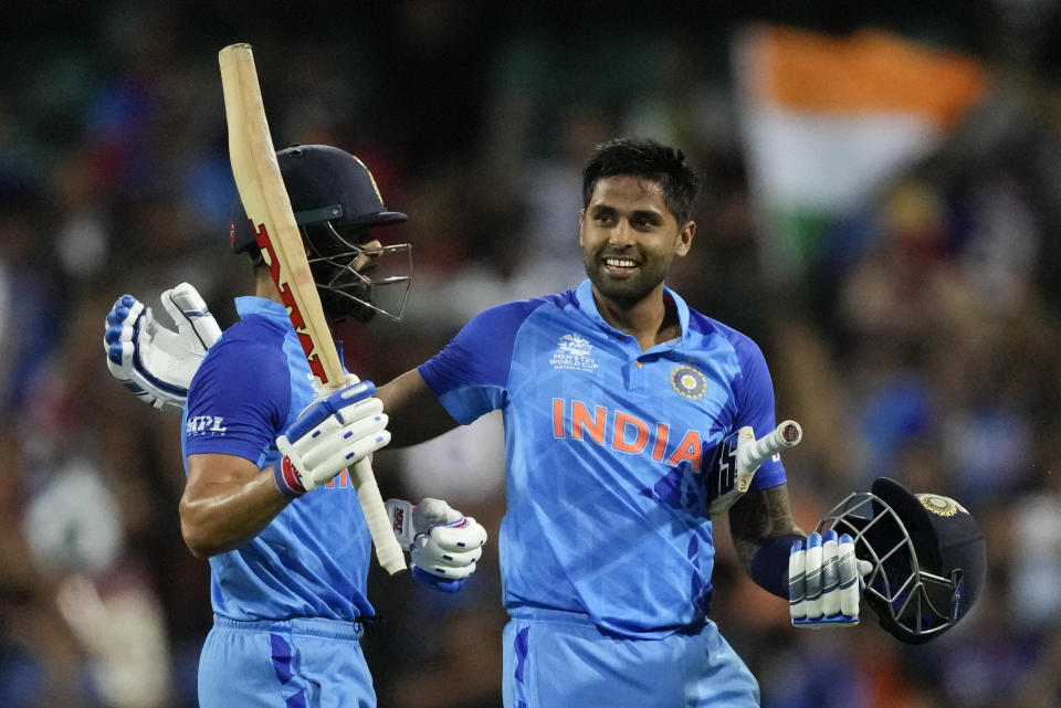 India's Virat Kohli, left, and teammate Suryakumar Yadav react at the end of their innings during the T20 World Cup cricket match between India and the Netherlands in Sydney, Australia, Thursday, Oct. 27, 2022. (AP Photo/Rick Rycroft)