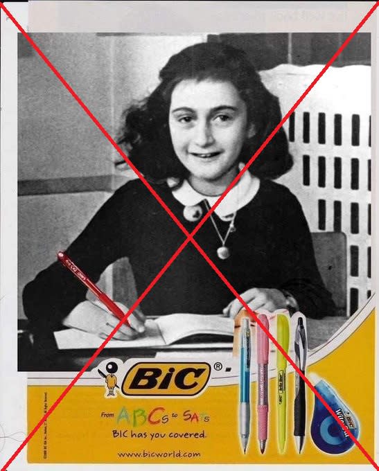 <span>Un montage circulant sur Internet assimile une publicité pour des produits Bic à une photo authentique d'Anne Frank</span>