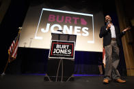 Donald John Trump Jr. speaks during a rally for Georgia state Sen. Burt Jones who is running for Lt. Governor, Wednesday, Sept. 22, 2021, in Marietta, Ga. The rewards of an early Donald Trump endorsement will be on display Saturday in Georgia. A three-man ticket of candidates he’s backing in 2022 Republican primaries for statewide office will take the stage with him. Completing the trio is Jones, an early Trump supporter who pushed measures to overturn President Joe Biden’s Georgia win. (AP Photo/Mike Stewart)