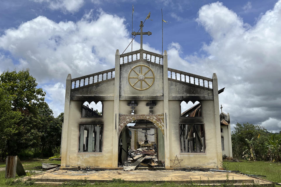 This photo taken in June/July 2022 and provided by Amnesty International shows the damaged St. Matthew's Church at Daw Ngay Khu village in Kayah state, eastern Myanmar. Myanmar’s military has laid landmines that have killed and injured people in and around villages in Kayah, a conflict-affected region near the border with Thailand, Amnesty International said Wednesday, July 20, 2022. (Amnesty International via AP)
