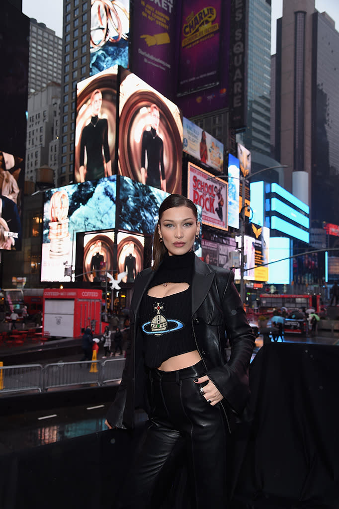 <p>If she can make it here, she can make it anywhere! On Wednesday, the model posed in the center of Times Square, the heart of New York City, as Bulgari unveiled its new B.zero1 jewelry campaign with Bella as the brand’s new accesories ambassador. (Photo: Dimitrios Kambouris/Getty Images for Bulgari) </p>