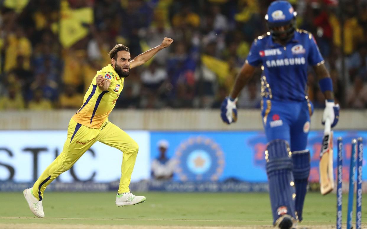 Imran Tahir of the Chennai Super Kings celebrates taking the wicket of Suryakumar Yadav of the Mumbai Indians - GETTY IMAGES