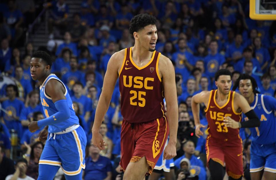 Feb 28, 2019; Los Angeles, CA, USA; Southern California Trojans forward Bennie Boatwright (25) celebrates after a 3-point basket against the UCLA Bruins in the second half at Pauley Pavilion.UCLA defeated USC 93-88 in overtime.