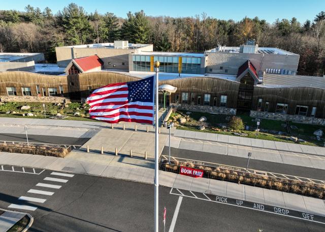 As seen from an aerial view, Sandy Hook Elementary stands almost 10 years after the Dec. 14, 2012, massacre on Nov. 20, 2022, in Newtown, Conn. The new school was opened in 2016, four years after the tragedy.