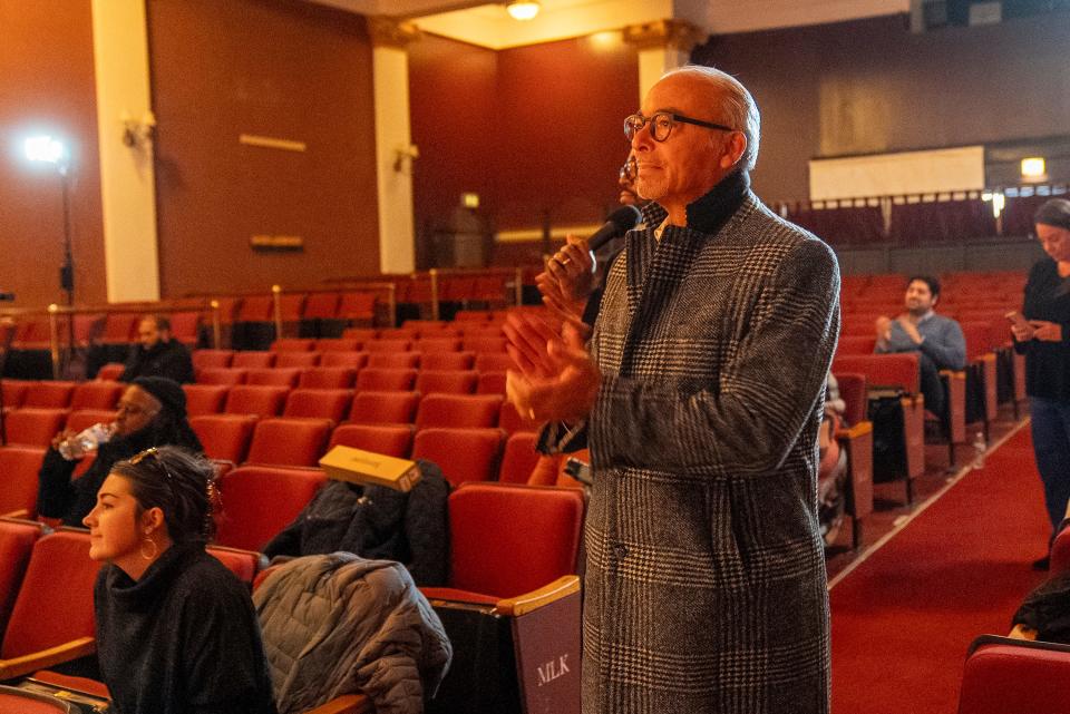 Nov 30, 2023; Columbus, USA, Ohio; Former Columbus Mayor Michael C. Coleman City applauds Councilwoman Shayla Favor during an announcement of her candidacy for Franklin County Prosecutor during an event at the Pythian Theater.