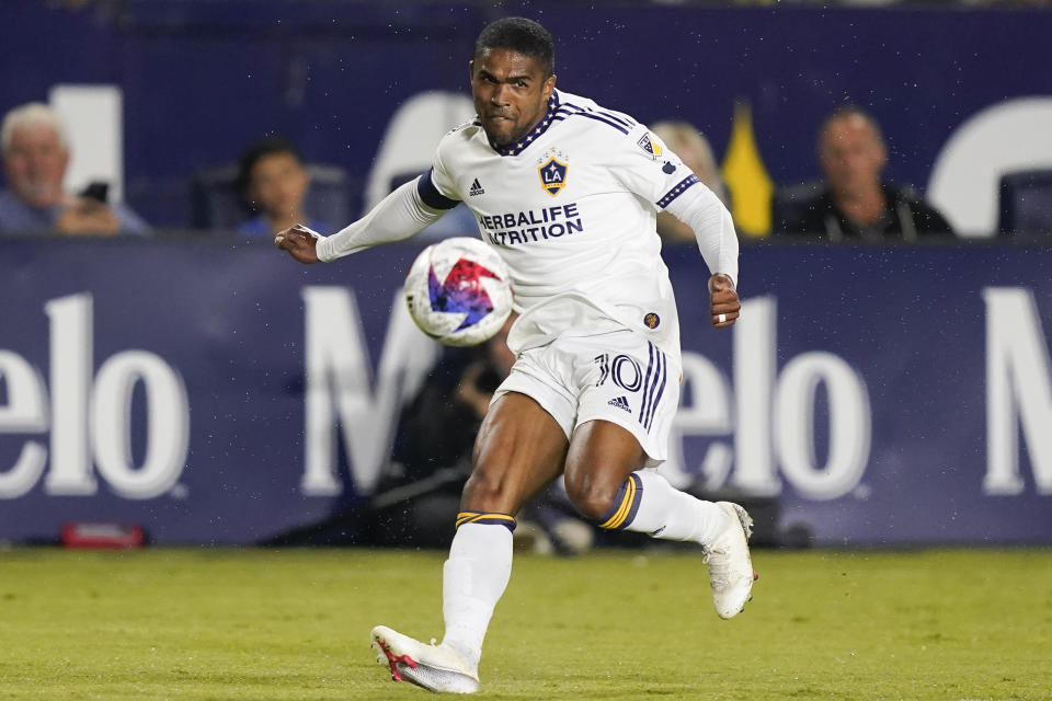 LA Galaxy forward Douglas Costa shoots the ball during the second half of the team's MLS soccer match against Real Salt Lake on Saturday, Oct. 14, 2023, in Carson, Calif. (AP Photo/Ryan Sun)