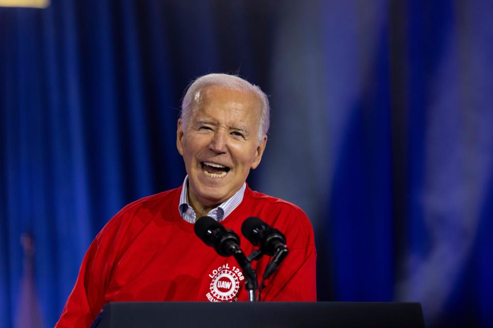 President Joe Biden speaks Thursday, Nov. 9, 2023, in Belvidere, Illinois, during an event to support the United Auto Workers of America reaching an agreement with automaker Stellantis.