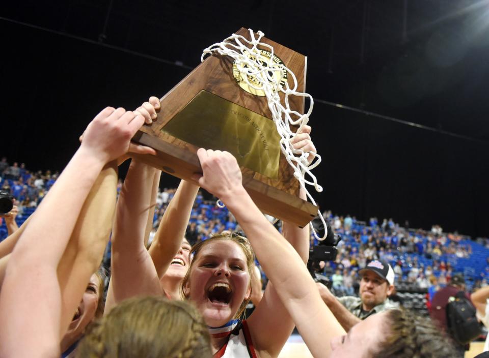 Gruver celebrates their championship win against Stamford, Saturday, March 5, 2022, at the Alamodome. Gruver won, 50-38.