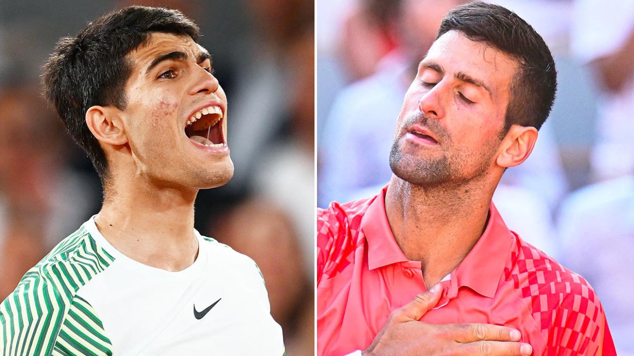 Pictured left to right, tennis superstars Carlos Alcaraz and Novak Djokovic.