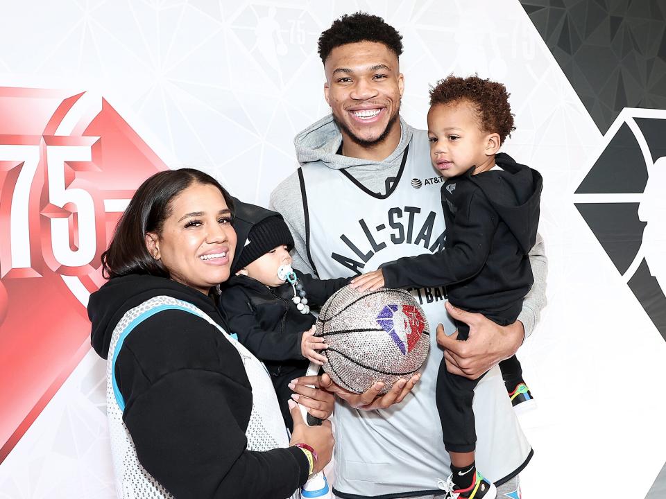 Mariah Riddlesprigger, Giannis Antetokounmpo, and Liam Charles Antetokounmpo are seen during NBA x HBCU Classic Presented by AT&T as part of the 2022 All-Star Weekend at Wolstein Center on February 19, 2022 in Cleveland, Ohio