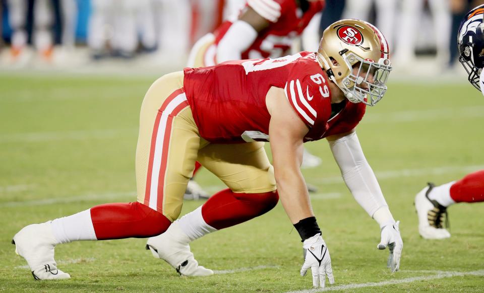 San Francisco 49ers defensive end Spencer Waege (69) lines up during an NFL football game against the Denver Broncos, Saturday, Aug 19, 2023, in Santa Clara, Calif. (AP Photo/Scot Tucker)