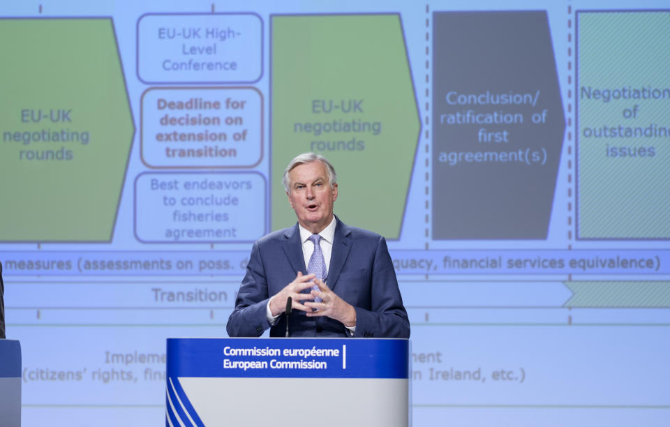 BRUSSELS, BELGIUM - FEBRUARY 3, 2020: European Commission's Head of Task Force for Relations with the United Kingdom (UK Task Force/UKTF) Michel Barnier gestures during a news conference on Jebruary 3, 2020 in Brussels, Belgium. The European Commission has today issued a recommendation to the Council to open negotiations on a new partnership with the United Kingdom. This recommendation is based on the existing European Council guidelines and conclusions, as well as on the Political Declaration agreed between the EU and the United Kingdom in October 2019. It includes a comprehensive proposal for negotiating directives, defining the scope and terms of the future partnership that the European Union envisages with the United Kingdom. These directives cover all areas of interest for the negotiations, including trade and economic cooperation, law enforcement and judicial cooperation in criminal matters, foreign policy, security and defence, participation in Union programmes and other thematic areas of cooperation. A dedicated chapter on governance provides an outline for an overall governance framework covering all areas of economic and security cooperation. (Photo by Thierry Monasse/Getty Images)