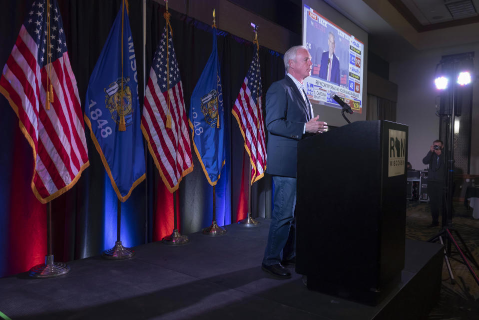 Sen. Ron Johnson, R-Wis., speaks to his supporters in the early morning hours at an election night party in Neenah, Wis., Wednesday, Nov. 9, 2022. (AP Photo/Mike Roemer)