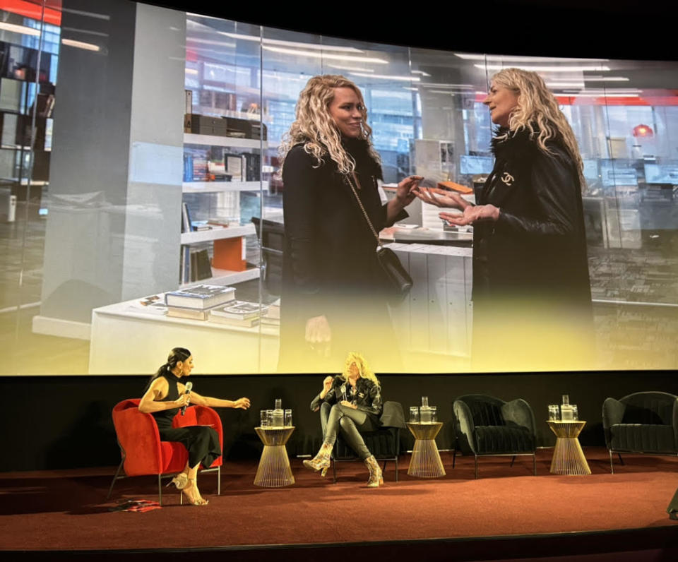 Anita Rani talks to Sam McAlister at recent Netflix event with both her and Billie Piper dressed as Sam pictured behind.