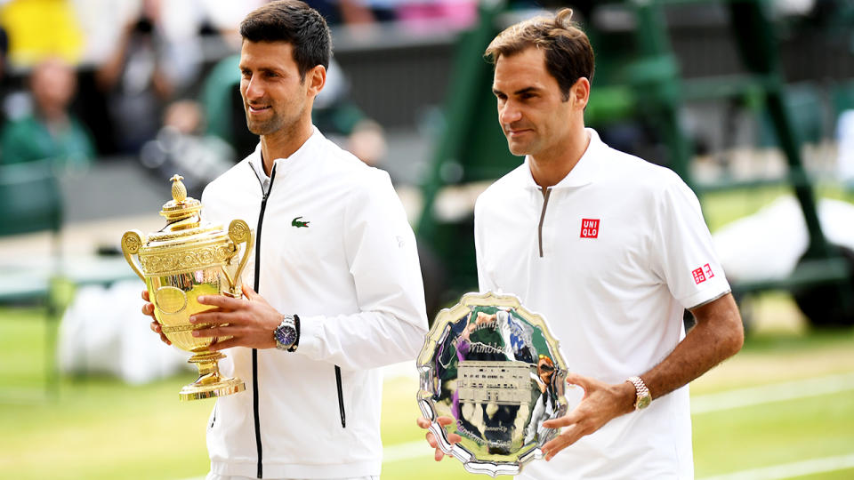 Novak Djokovic and Roger Federer, pictured here after the 2019 Wimbledon final.