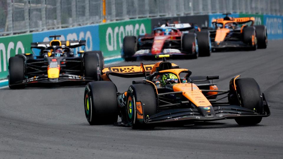 Lando Norris leads Max Verstappen during the Miami Grand Prix
