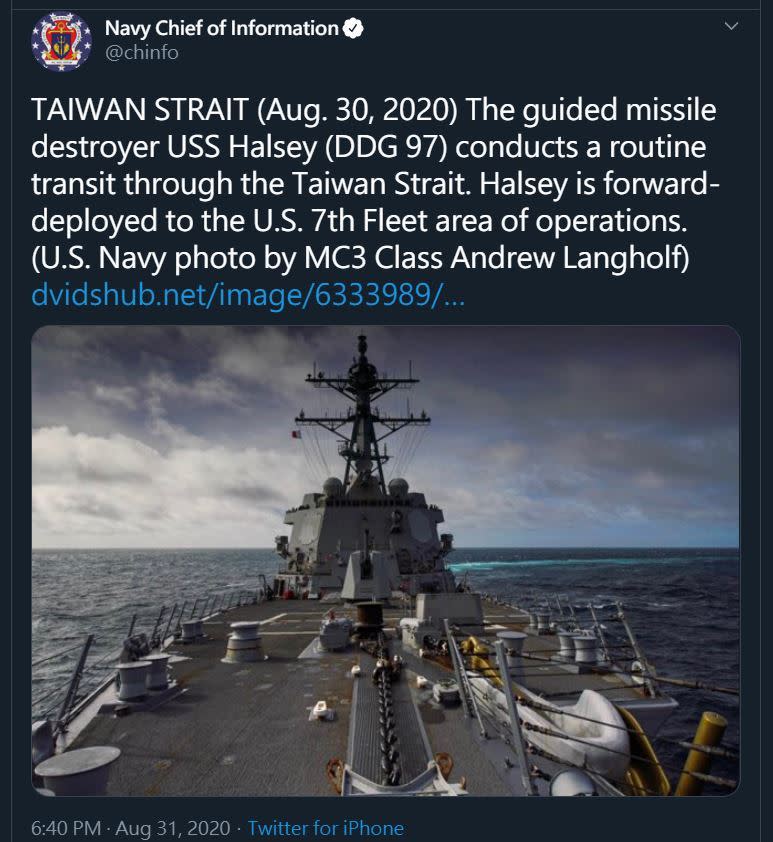 美國海軍第七艦隊（U.S. 7th Fleet）發言人證實，伯克級導彈驅逐艦「海爾賽號」（DDG-97 Halsey）以例行性航行通過台灣海峽。（圖／翻攝自推特）