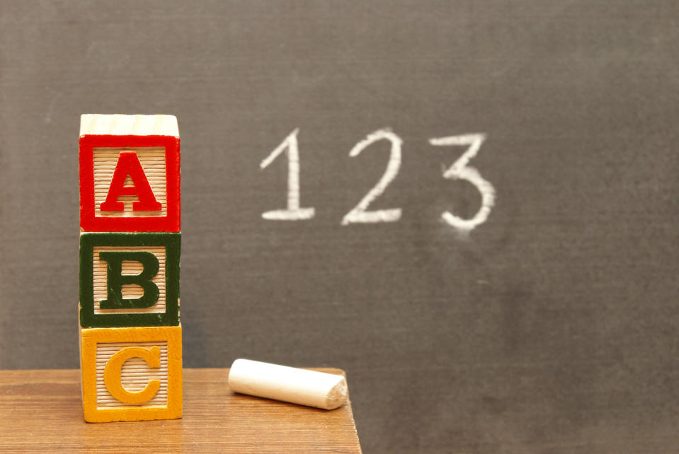 3 blocks with ABC and 123 written on chalkboard