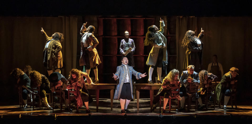 This image released by Polk & Co. shows the company during a performance of Roundabout Theatre Company's "1776" in New York. ( Joan Marcus/Polk & Co. via AP)