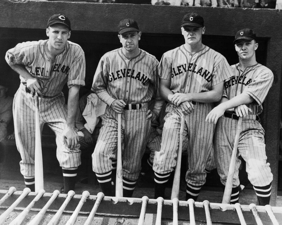 Cleveland's Hal Trosky (left) is joined by teammates Earl Averill, Joe Vosmik, and Roy Weatherl in Washington on August 27.