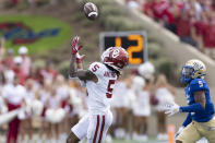 Oklahoma wide receiver Andrel Anthony (5) makes a catch in front of Tulsa defensive back Keuan Parker (5) during the first half of an NCAA college football game Saturday, Sept. 16, 2023, in Tulsa, Okla. (AP Photo/Alonzo Adams)