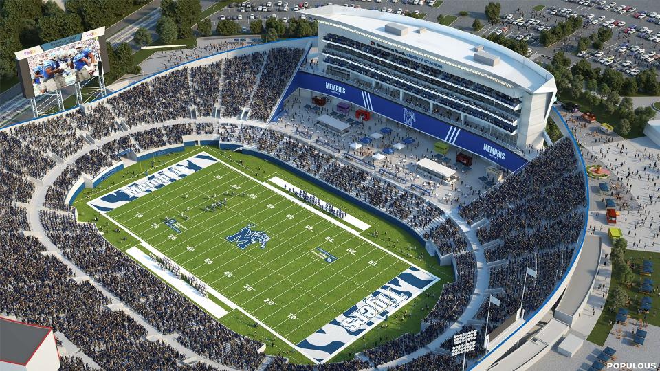 An updated interior rendering of what Simmons Bank Liberty Stadium would look like after phase 2 of its planned $220 million renovation. It includes a new tower of premium suites and a "party plaza" concept for all fans to walk through on the west side of the stadium.