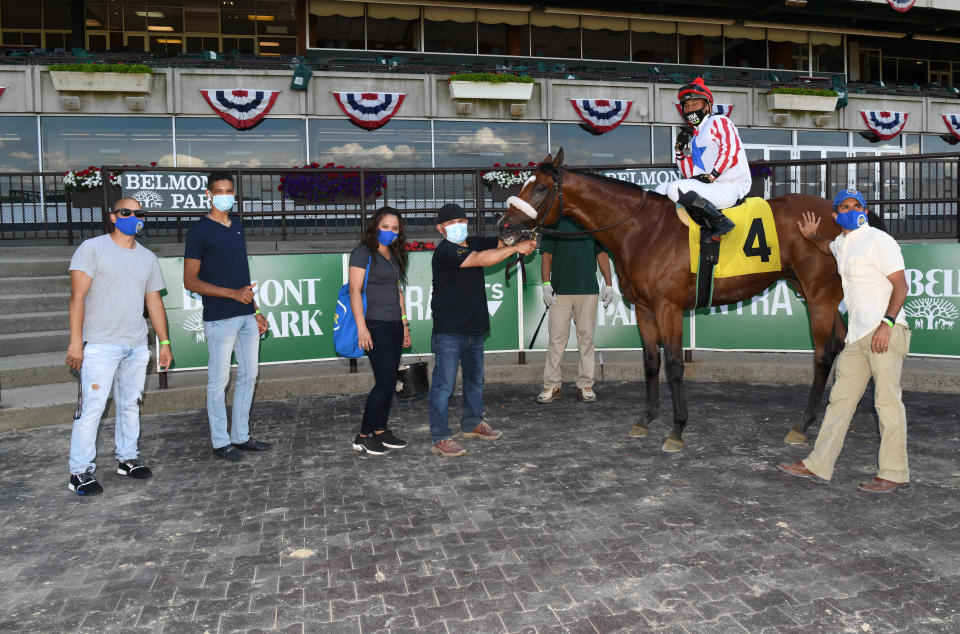 Reylu Gutierrez celebrates his win aboard Mad Munnys at Belmont Park in June. The Victor graduate a day earlier was aboard Jungle Runner, which finished tenth at the Belmont Stakes. (Photo: Coglianese Photos)