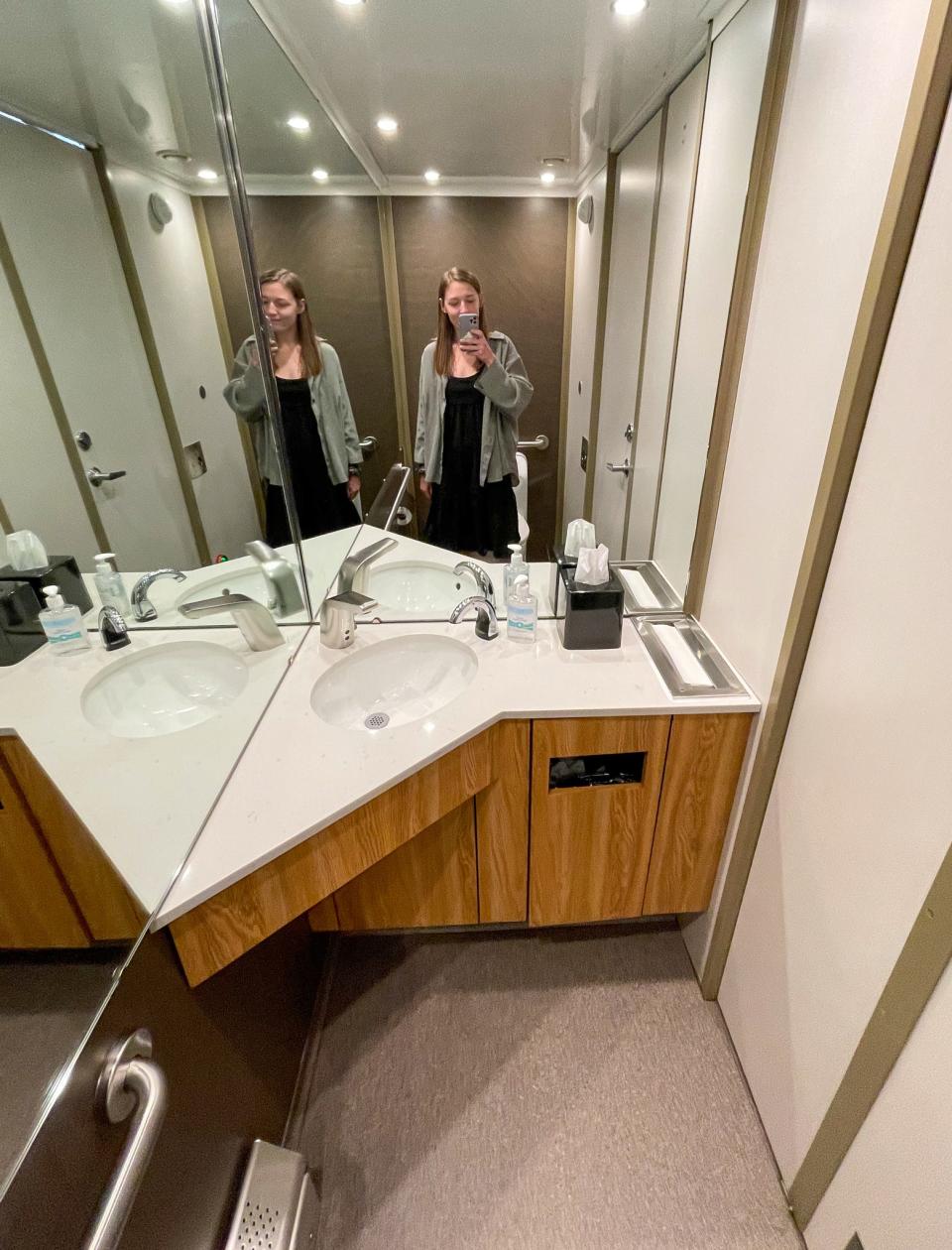 A bathroom aboard the Rocky Mountaineer train.