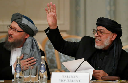 Sher Mohammad Abbas Stanakzai (R), head of the Taliban’s political council in Qatar, takes part in the multilateral peace talks on Afghanistan in Moscow, Russia November 9, 2018. REUTERS/Sergei Karpukhin