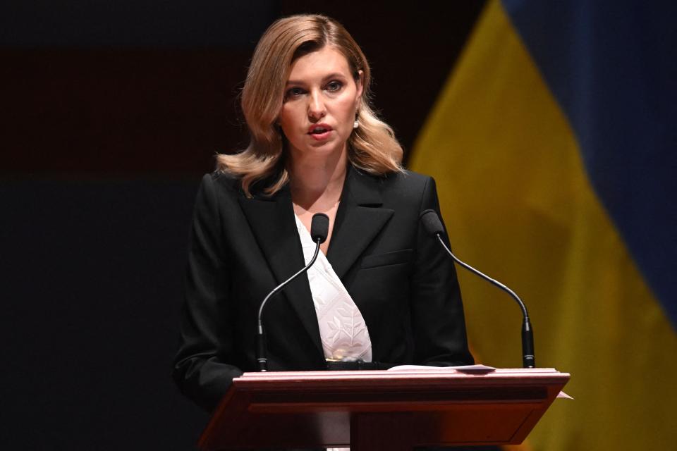 Ukrainian first lady Olena Zelenska delivers her speech.
