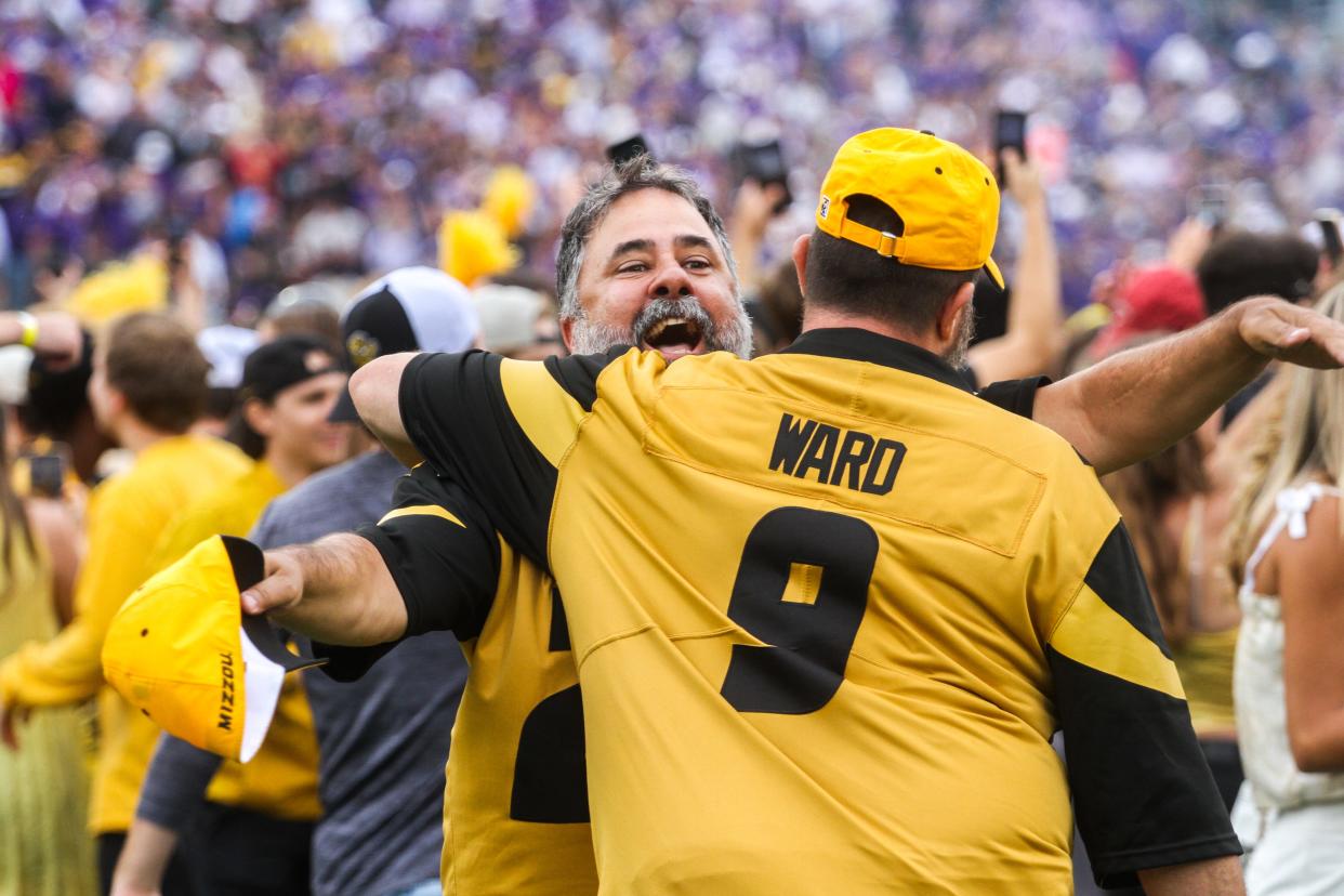 Fans react after Harrison Mevis's game-winning field goa during a game against Kansas State at Memorial Stadium on Sept. 16, 2023, in Columbia, Mo.