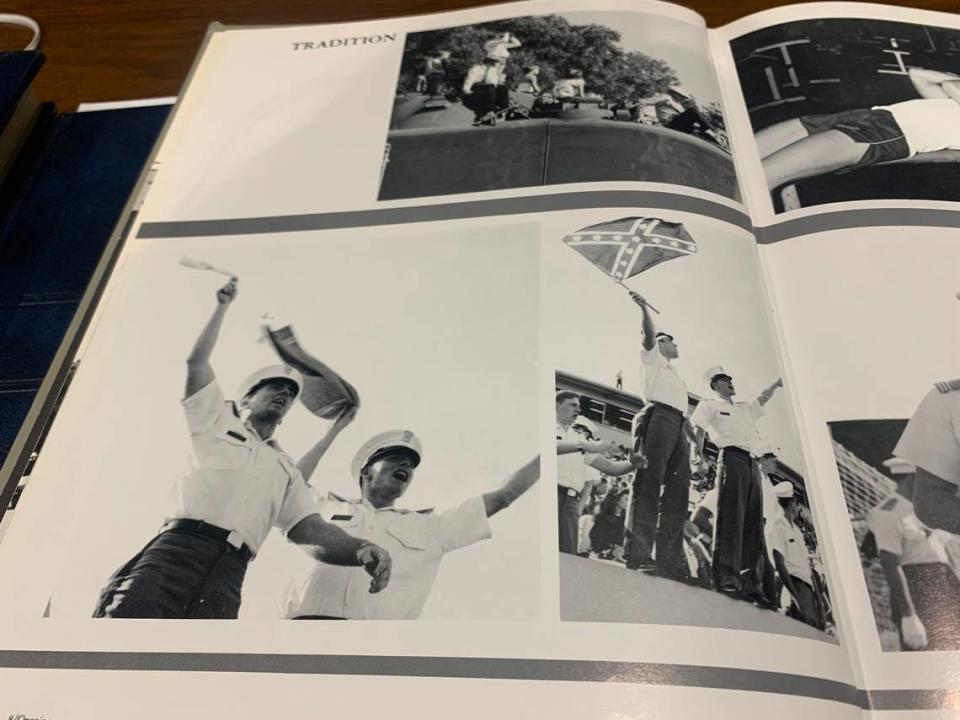 A photospread in The Citadel’s 1988 Sphinx yearbook shows unidentified cadets waving towels and a Confederate battle flag in the stands of a home football game.