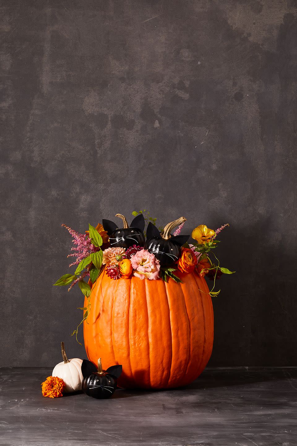 <p>If you want to do less carving but still have a show-stopping pumpkin, then this Kitten pumpkin is pur-fect! </p><p><strong>Mini Kitten Pumpkins:</strong> Take your mini pumpkins and spray paint them black with two coats of paint. Add rhinestones for the eyes, thread for the whiskers and pom pom noses with a hot glue gun. For the ears, you can cut out triangles from velour paper, attach toothpicks to them with a hot glue gun, and stick the ears into the tops of the pumpkin.</p><p><strong>Main Pumpkin:</strong> Begin by carving a circle on the top of your pumpkin and taking out all the seeds. Fill the pumpkin with crumbled newspaper and nestle the kitten pumpkins on top. Take water tubes and fill them with water for the fresh flowers and place them inside the pumpkin.</p><p><a class="link " href="https://www.jamaligarden.com/floral-water-tube.html" rel="nofollow noopener" target="_blank" data-ylk="slk:SHOP WATER TUBES;elm:context_link;itc:0;sec:content-canvas">SHOP WATER TUBES</a></p>